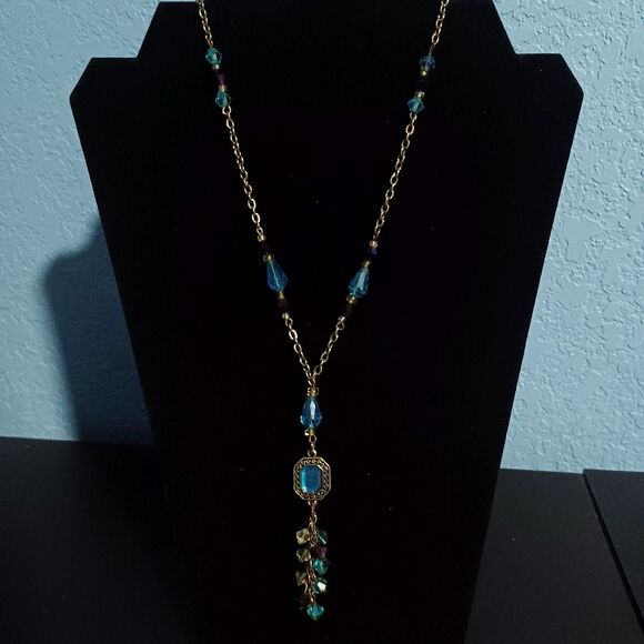 Vintage-Inspired Silver-Toned Necklace w/ Blue Glass & Crystal Beads, 16" - Picture 1 of 3